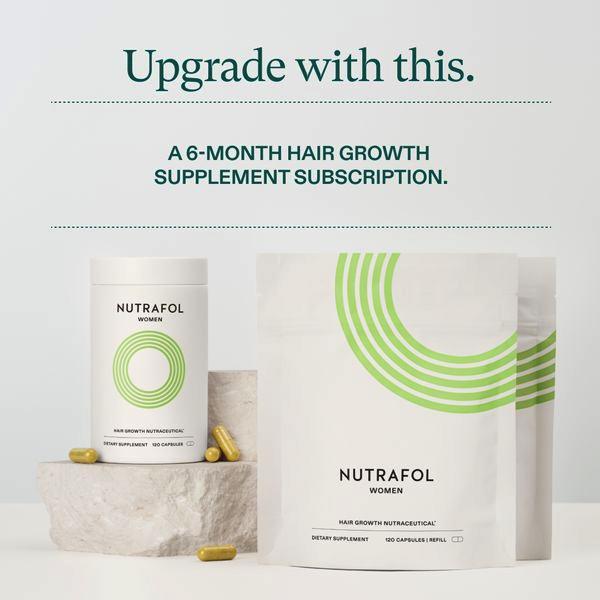 A clean, minimalist product photograph featuring supplement bottles and pouches, highlighting a 6-month subscription offer.